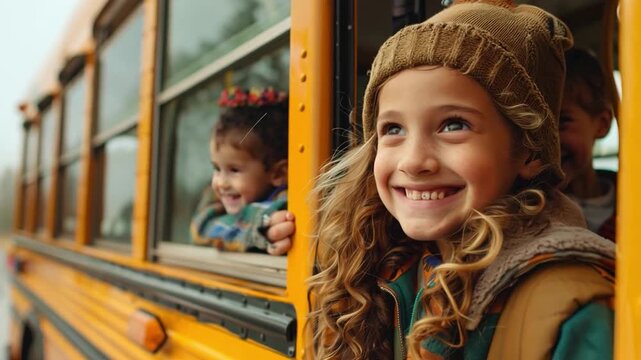 A cheerful group of kids, grinning broadly, board a vintage yellow school bus, eager for the adventure that awaits them on the first day of classes.