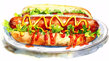 Watercolor Hot Dog with Fresh Veggies and Condiments on a Plate