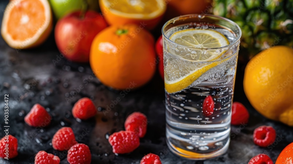 Poster refreshing and healthy practice highlighted with a glass of water and assorted fresh tropical fruits