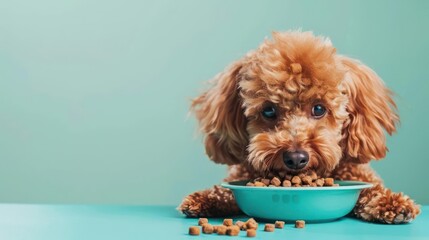 Poodle dog eating dog food , studio shot isolated on single color background ,editorial style, shoot by DSLR.