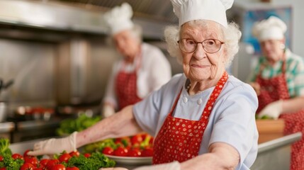 Portrait of an elderly woman wearing a red and white polka dot apron while engaged in culinary arts showcasing her creativity and enjoyment of the cooking process in a blurred kitchen setting