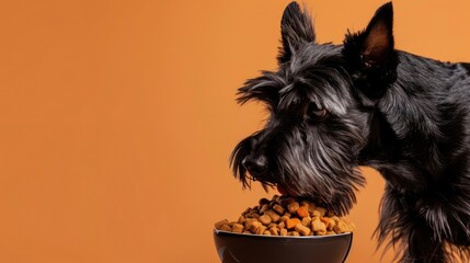 Scottish Terrier dog eating dog food , studio shot isolated on single color background ,editorial style, shoot by DSLR.