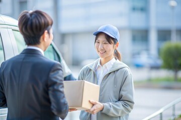 日本の宅配業者が受け取り場所で顧客とやりとりする

