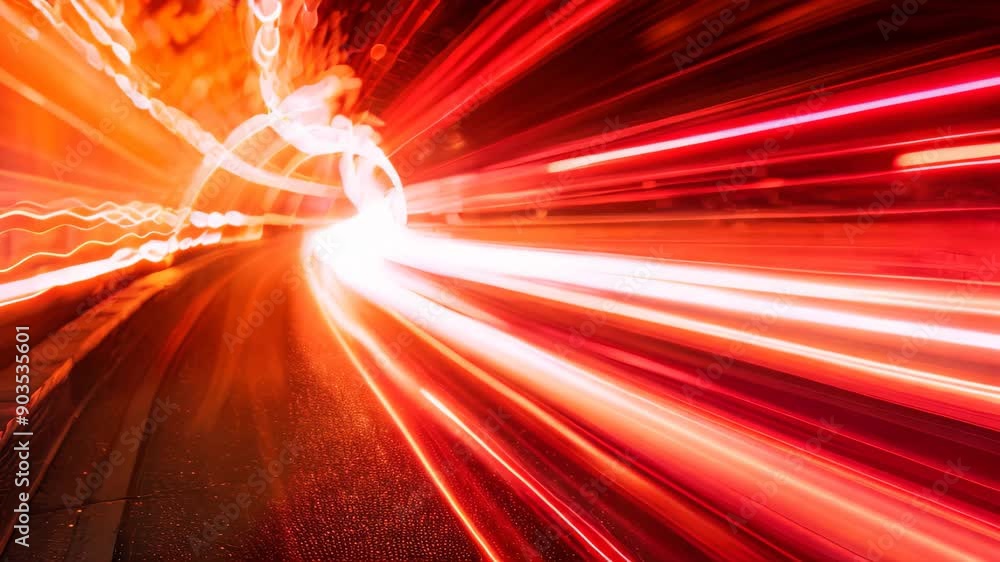 Poster a car is seen moving quickly through a tunnel, creating a blurred effect, technological signals movi