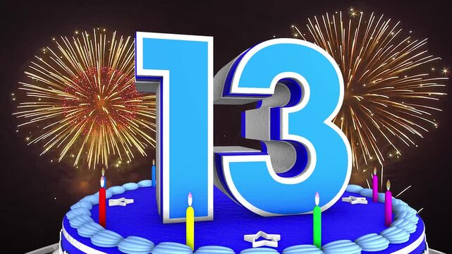 13 years, 13th birthday kids, children cake animation 3d render with confetti and balloon background. 4k