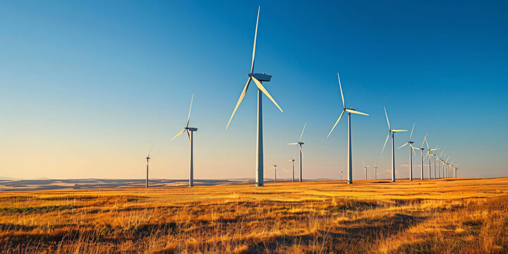 Wind turbines stand tall against a clear blue sky in a vast golden field, showcasing a powerful source of renewable energy.