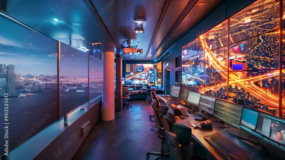 Poster room filled with computer monitors, the advanced control center of a smart city, where sensors and a