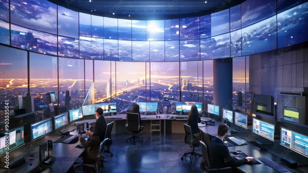 Poster group of people sitting at desks in front of monitors, the advanced control center of a smart city, 