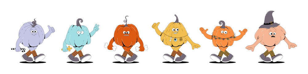 Groovy retro Happy Halloween characters set. Funky walking pumpkins with spooky and skary face in trendy vintage 60s, 70s style. Horror and fear vector illustration on transparent background