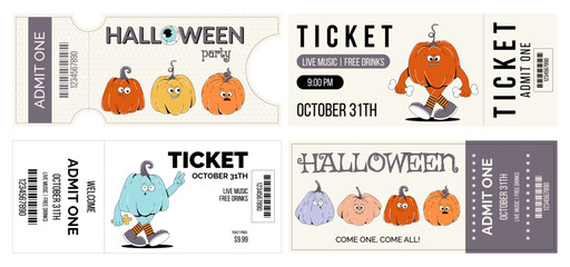 Groovy retro Happy Halloween character pumpkin. Set of horizontal ticket template entrance pass design or invitation for Halloween party, admit one. Horror and fear vector illustration 
