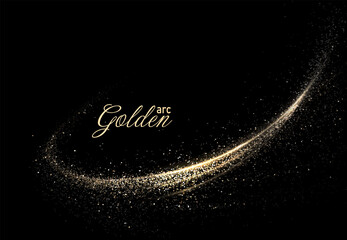 Isolated gold tone arc with shiny tinsel on a black background.