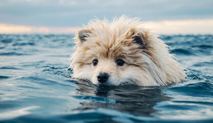Dog Swimming in the Ocean at Sunset