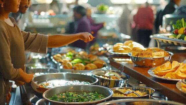 A buffet line of food with individuals serving themselves food, The aroma of freshly baked bread and soups wafting through a busy cafeteria