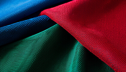 Close up of fabric texture. An abstract minimalist background featuring Deep Red, Forest Green, and Royal Blue. Perfect for bold and vibrant visuals