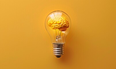 Creative Light Bulb Brain on Yellow Background: Innovative Concept for Idea Generation, Child Imagination Development, and Right Brain Stimulation. Perfect for Educational Marketing, Innovation Works