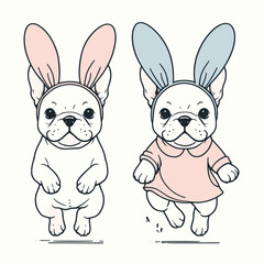 Fototapeta premium Two adorable French Bulldogs wearing bunny ears and cute outfits, one in a dress and the other in a jumpsuit.