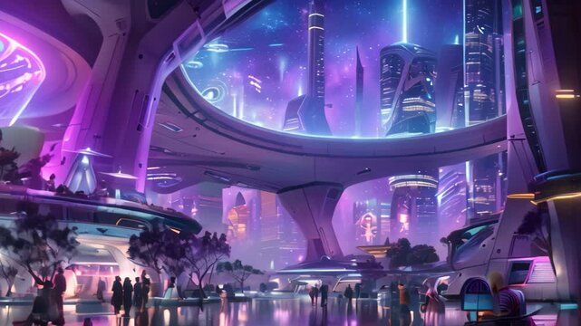 Bustling Futuristic City With People Walking, The central hub of a futuristic city, buzzing with activity and advanced technology