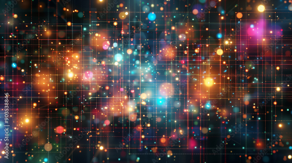 Poster abstract design featuring a colorful grid surrounded by glowing particles