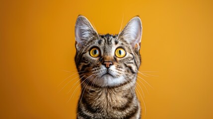 A Curious Tabby Cat Looking Upwards Against a Yellow Background