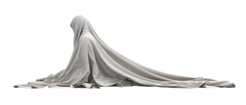 A mysterious figure draped in white fabric, evoking themes of spirituality and the ethereal in a serene setting. isolated on a white background, transparent background.
