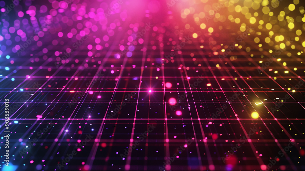 Poster abstract design featuring a colorful grid surrounded by glowing particles