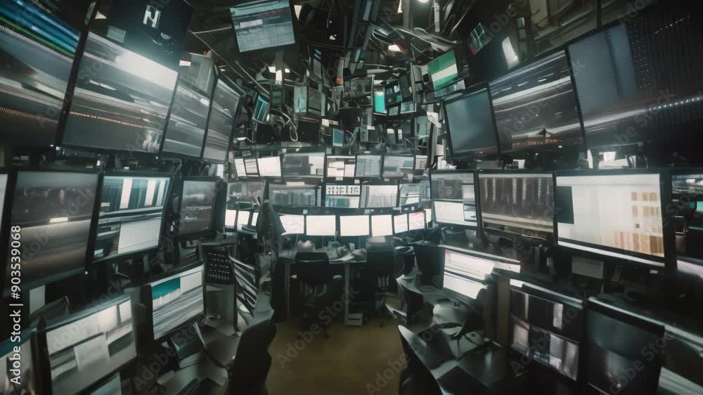 Poster a chaotic trading room with numerous computer monitors displaying financial data, the chaos of a tra