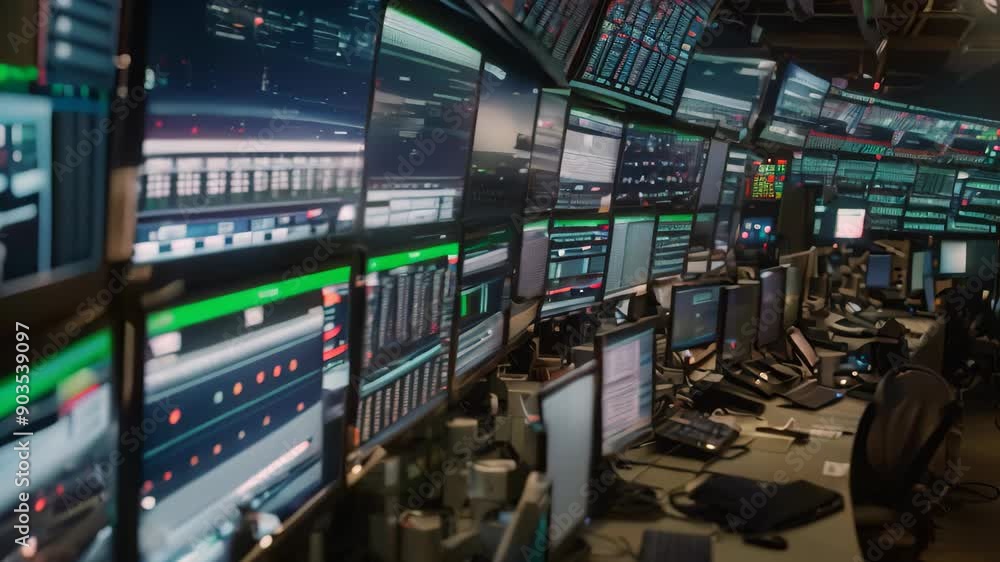 Poster a chaotic room filled with numerous computer monitors displaying various data for trading activities