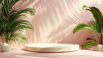 Obraz premium White Circular Platform with Tropical Plants and Shadows on a Peach Background