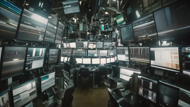 A chaotic trading room with numerous computer monitors displaying financial data, The chaos of a trading floor filled with screens displaying real-time data