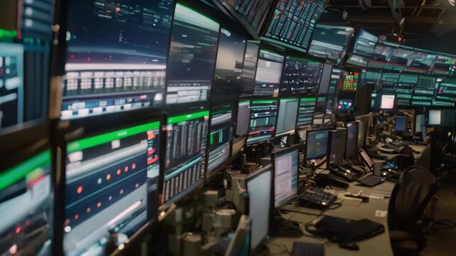 A chaotic room filled with numerous computer monitors displaying various data for trading activities, The chaos of a trading floor filled with screens displaying real-time data