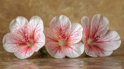   Three pink and white flowers sit atop wooden table against brown wall on light brown backdrop