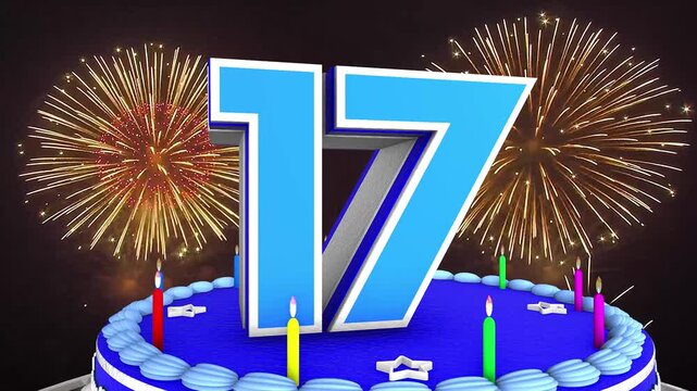 17 years, 17th birthday kids, children cake animation 3d render with confetti and balloon background. 4k