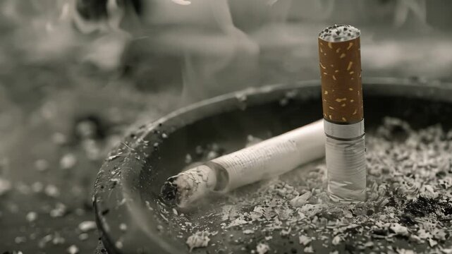 A cigarette rests on top of a bowl filled with smoke, creating a surreal scene, The cigarette balanced precariously on the edge of the ashtray