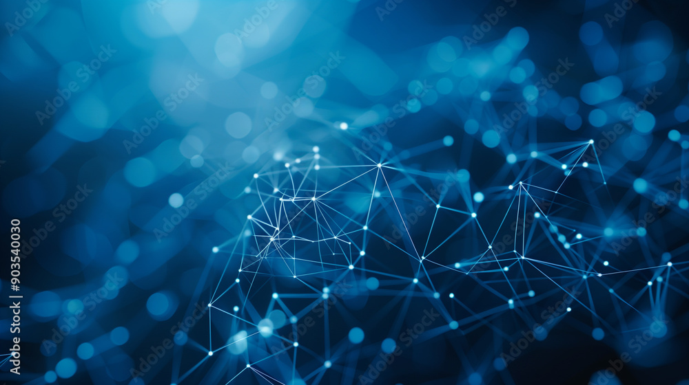 Poster abstract cybersecurity and data protection concepts. dark blue background with polygons, dots, and l
