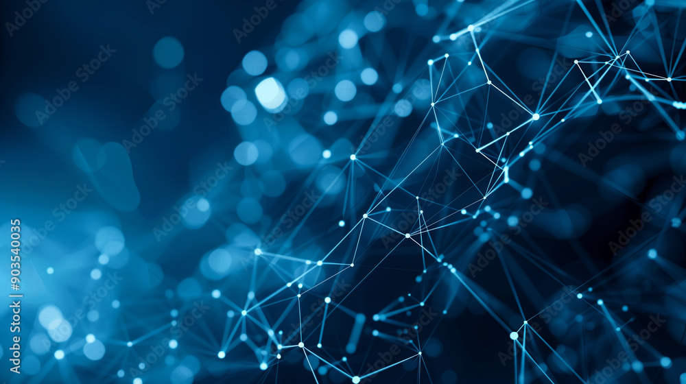 Poster abstract cybersecurity and data protection concepts. dark blue background with polygons, dots, and l