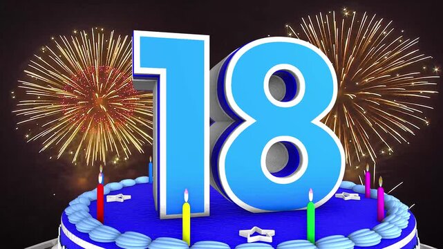 18 years, 18th birthday kids, children cake animation 3d render with confetti and balloon background. 4k