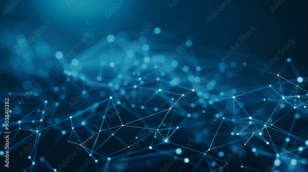 Poster abstract cybersecurity and data protection concepts. dark blue background with polygons, dots, and l