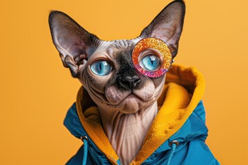 Fototapeta premium A Sphynx Cat Wearing a Blue Hoodie with a Glittery Eye Patch