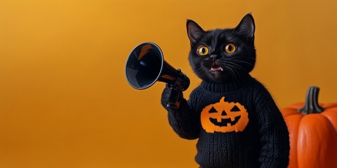 a black cat holding a megaphone wearing a black knitted sweater with a jack o lantern pumpkin on it orange background for Halloween, banner with copy space area. Web design element for advertising and