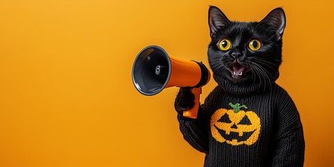 a black cat holding a megaphone wearing a black knitted sweater with a jack o lantern pumpkin on it orange background for Halloween, banner with copy space area. Web design element for advertising and