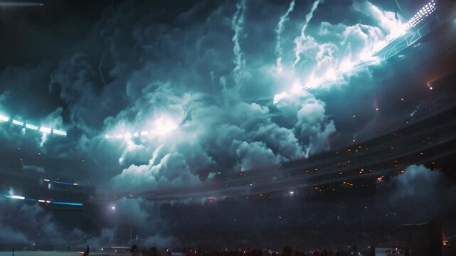 A stadium filled with lots of people under a cloudy sky, anticipating a big game, The electricity in the air before a big game