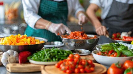 Naklejka premium Seniors Carefully Preparing Nutritious Heart Healthy Meals with a Focus on Fresh Wholesome Ingredients in a Home Kitchen Setting