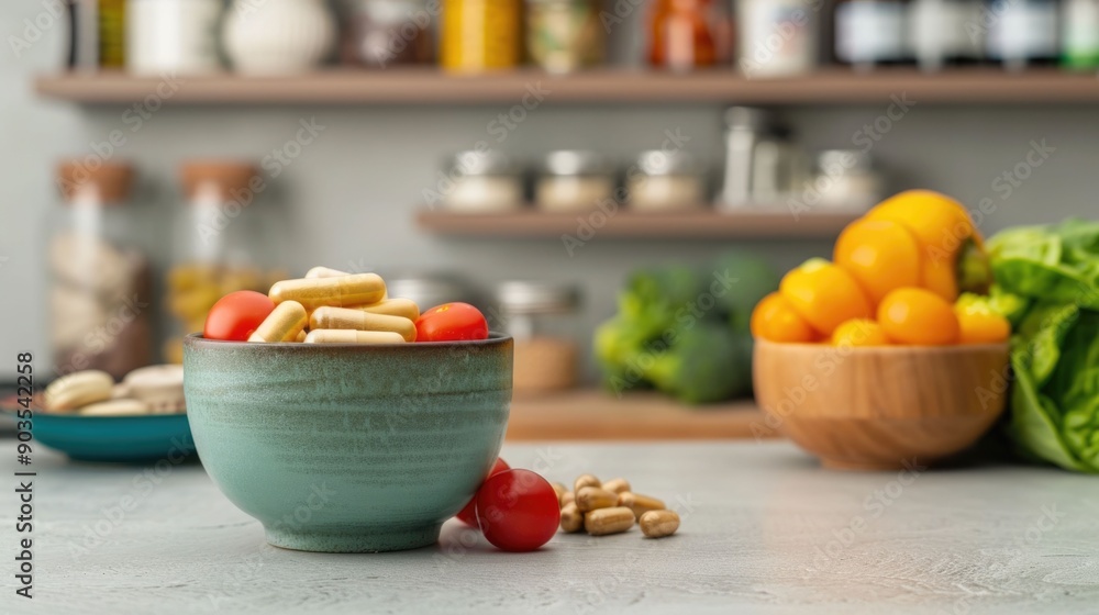 Poster dietary supplements for aging being highlighted during a cooking class with a deep depth of field sh