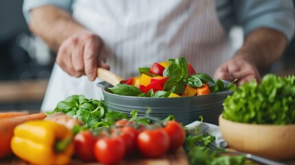 Elderly Nutrition and Wellness Discussed in a Kitchen Setting with Vibrant Freshly Prepared Salad Ingredients Promoting a Healthy Balanced Lifestyle and Longevity