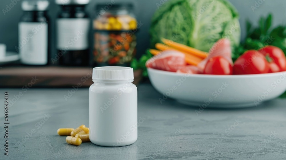 Poster close up of various dietary supplements for aging being highlighted and displayed during a cooking c