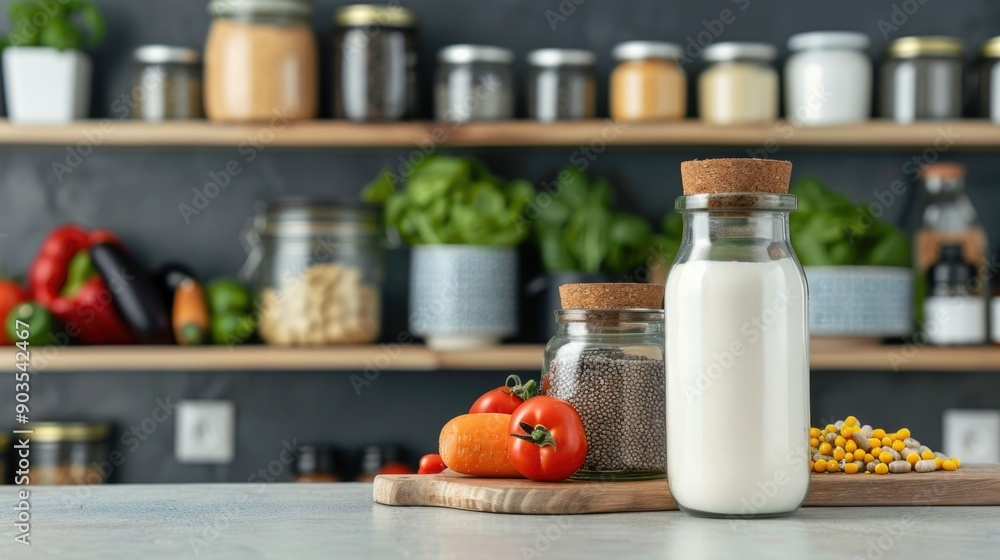 Poster dietary supplements for aging being highlighted during a cooking class with a deep depth of field sh