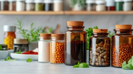 Dietary supplements for aging being showcased and emphasized during a cooking class setting with various jars spices and herbs neatly organized on shelves in a kitchen interior