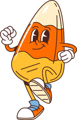 Cartoon groovy Halloween candy corn character with expressive eyes, gloves, and sneakers. Isolated vector lively, festive candy corn sweet personage is joyfully strutting, showcasing a cheerful smile