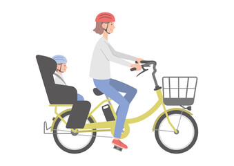 電動自転車に乗る女性と子供（後ろ乗せ）