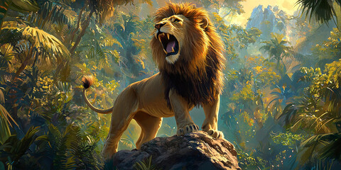 A majestic lion standing on top of a rock in a dense jungle, generative AI